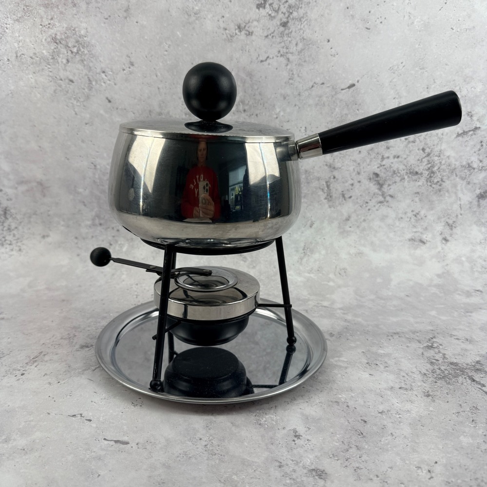 Vintage MCM Chrome Stainless‎ Steel Fondue Pot Set 3-Piece Stand Burner Tray